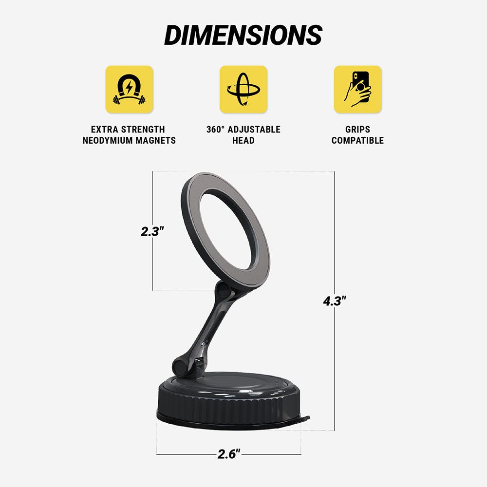 EXTRA STRENGTH NEODYMIUM MAGNETS. 360° ADJUSTABLE HEAD. GRIPS COMPATIBLE. Measures 4.3 x 2.6" and 2.3" diam "