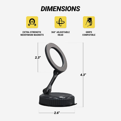 EXTRA STRENGTH NEODYMIUM MAGNETS. 360° ADJUSTABLE HEAD. GRIPS COMPATIBLE. Measures 4.3 x 2.6" and 2.3" diam "