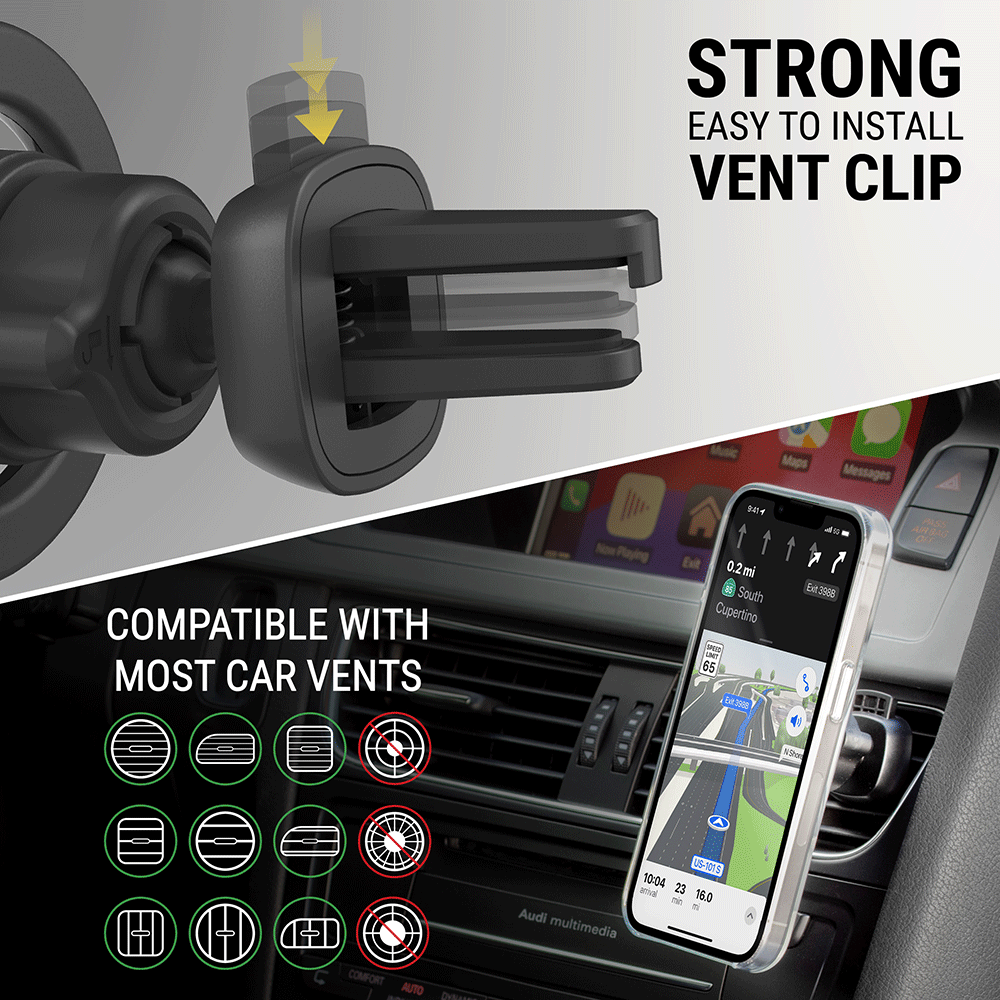 Strong  easy to install vent clip. Compatible with most vertical and horizontal car vents.