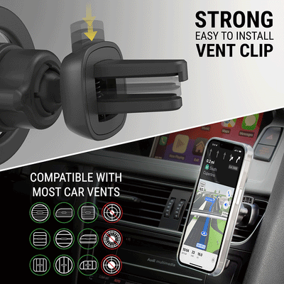 Strong  easy to install vent clip. Compatible with most vertical and horizontal car vents.