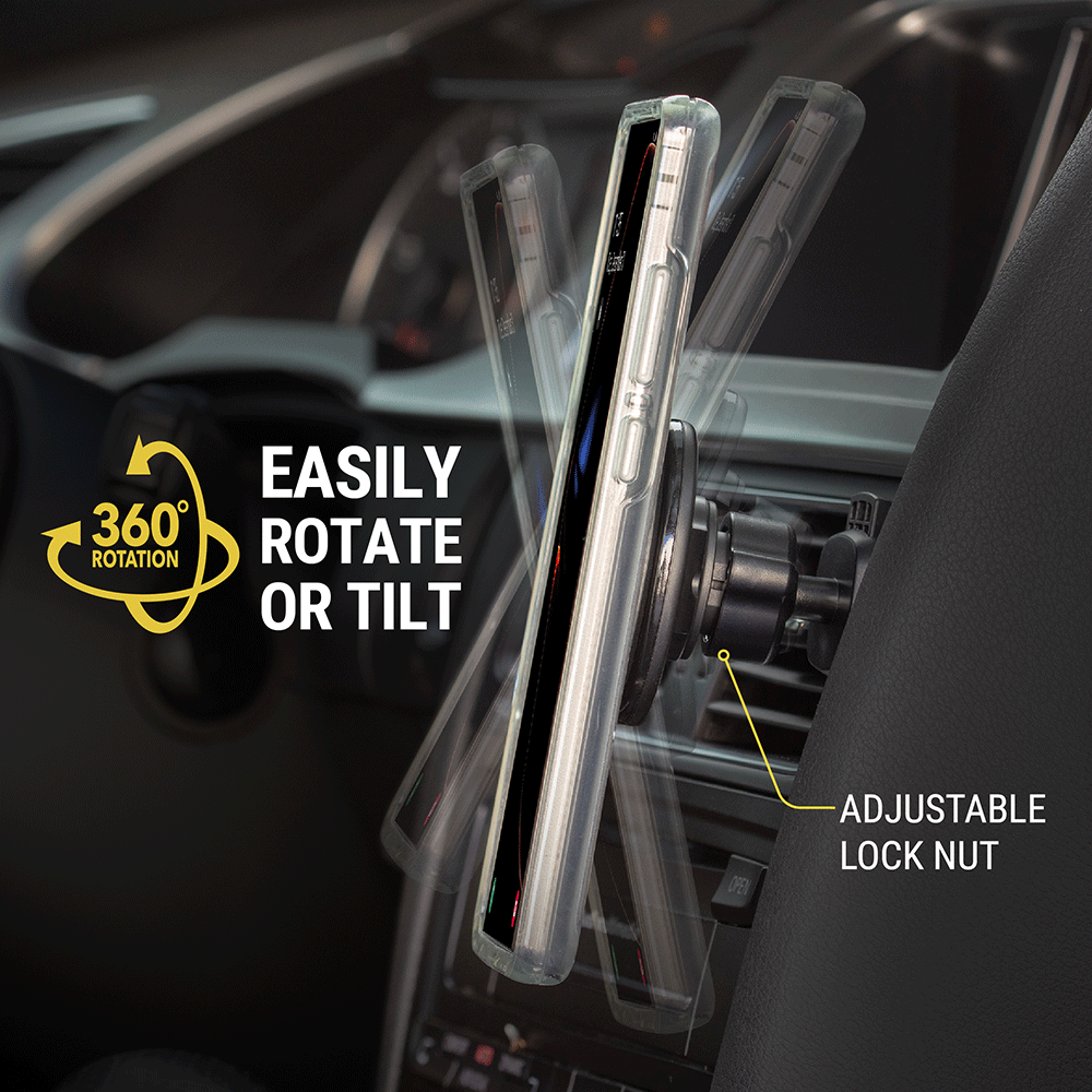 360 degree rotation. Easily rotate or tilt. Adjustable lock nut.
