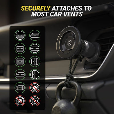 Securely attaches to most horizontal or vertical car vents  but not circular