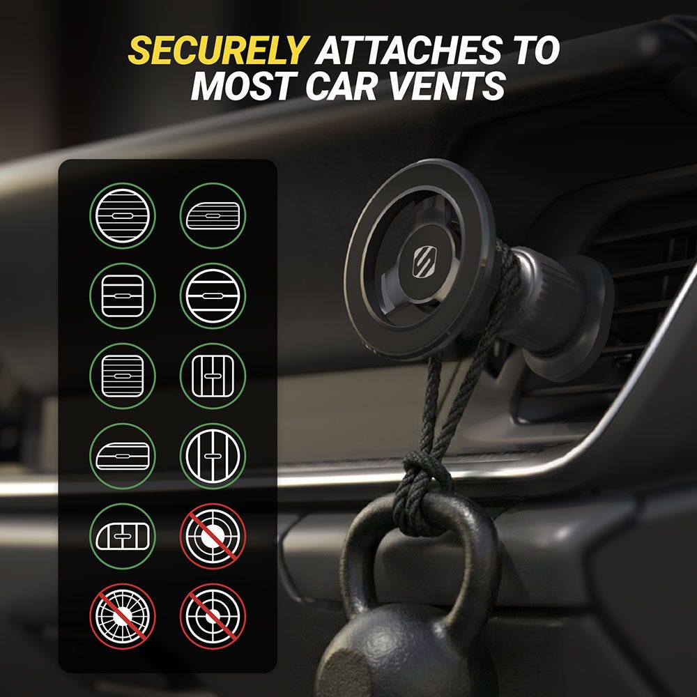 Securely attaches to most horizontal or vertical car vents  but not circular