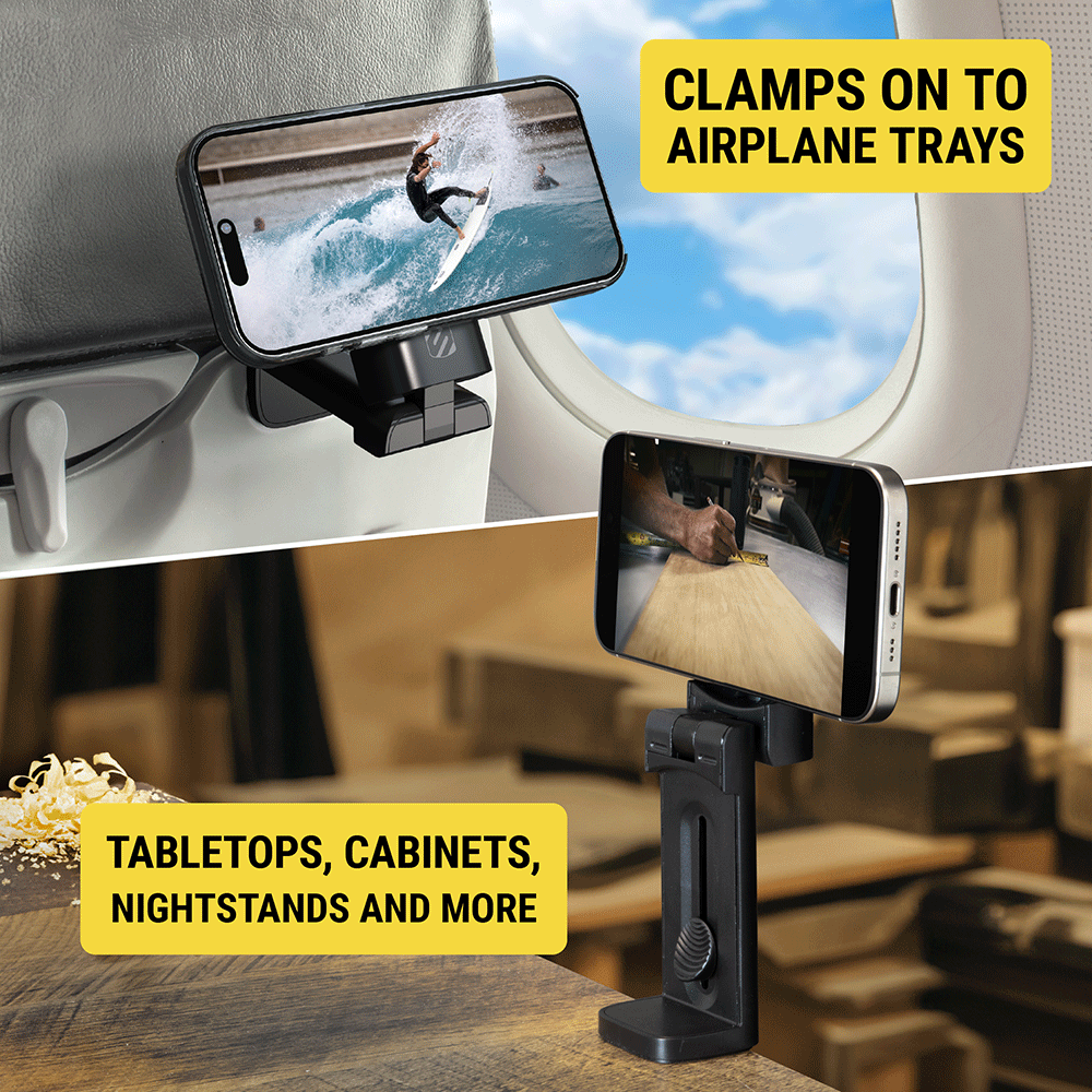 Clamps on to airplane trays  tabletops  cabinets  nightstands and more