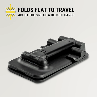Folds flat to travel. About the size of a deck of cards