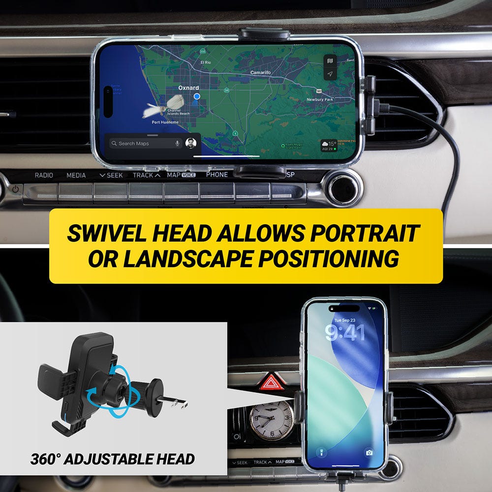 Swivel head allows portrait or landscape positioning. 360 degree adjustable head.