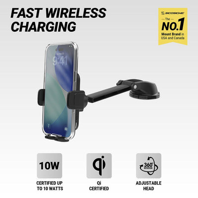 Fast wireless charging. Scosche is the No. 1 mount brand in USA and Canada. Certified up to 10 watts. Qi certified. 360 degree adjustable head.