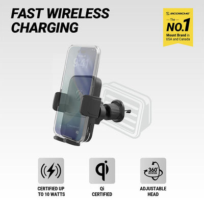 Fast wireless charging. Scosche is the No. 1 mount brand in USA and Canada. Certified Up To 10 Watts. Qi Certified. 360 degree Adjustable Head