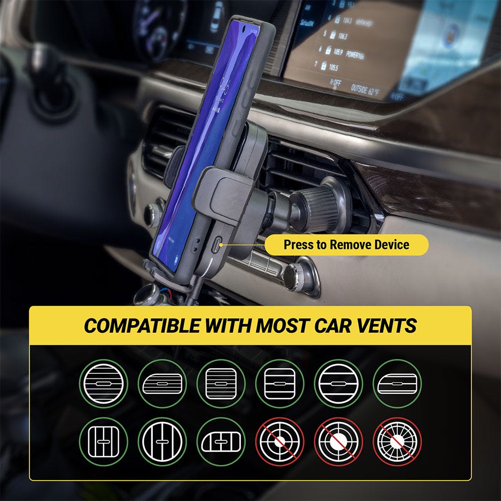 Press to remove device. Compatible With Most  vertical or horizontal Car Vents  but not circular