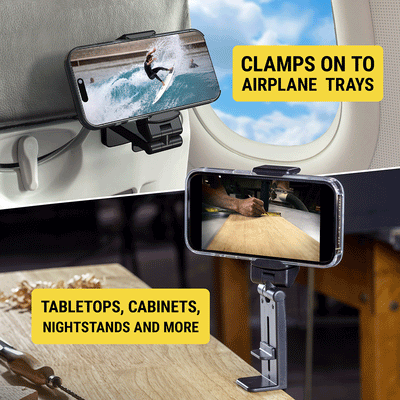 Clamps on to airplane trays  tabletops  cabinets  nightstands and more