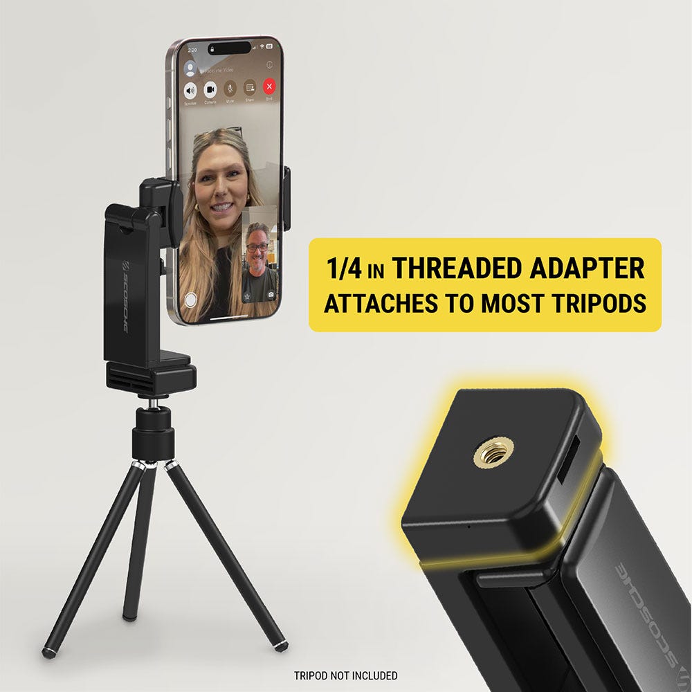 1/4 inch threaded adapter attaches to most tripods. Tripods not included.