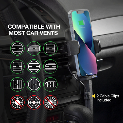 Compatible with Most Car Vents. Compatible with vertical and horizontal fan vent slots. Not compatible with circular vent slots. 2 cable clips included.