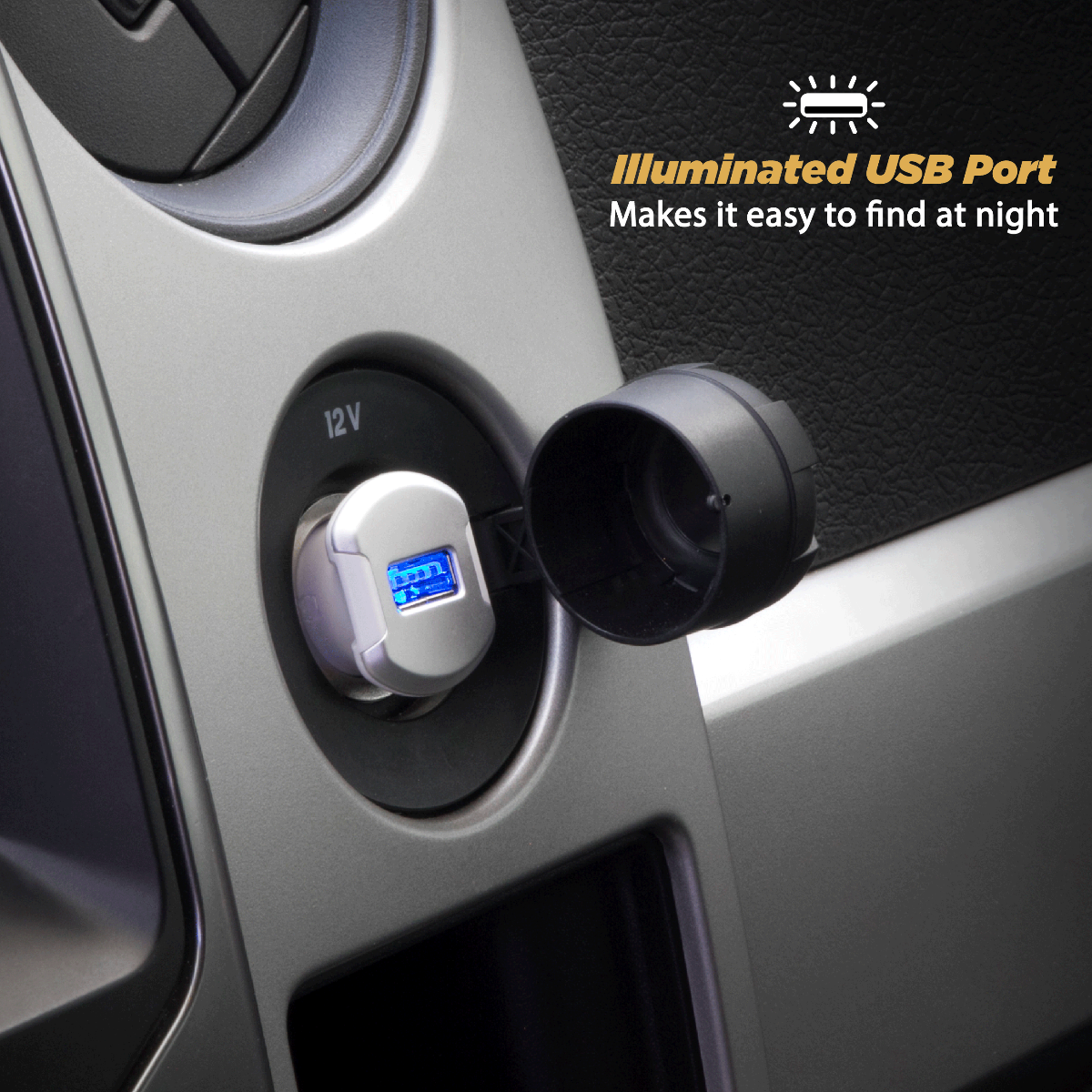 Illuminated USB port makes it easy to find at night.