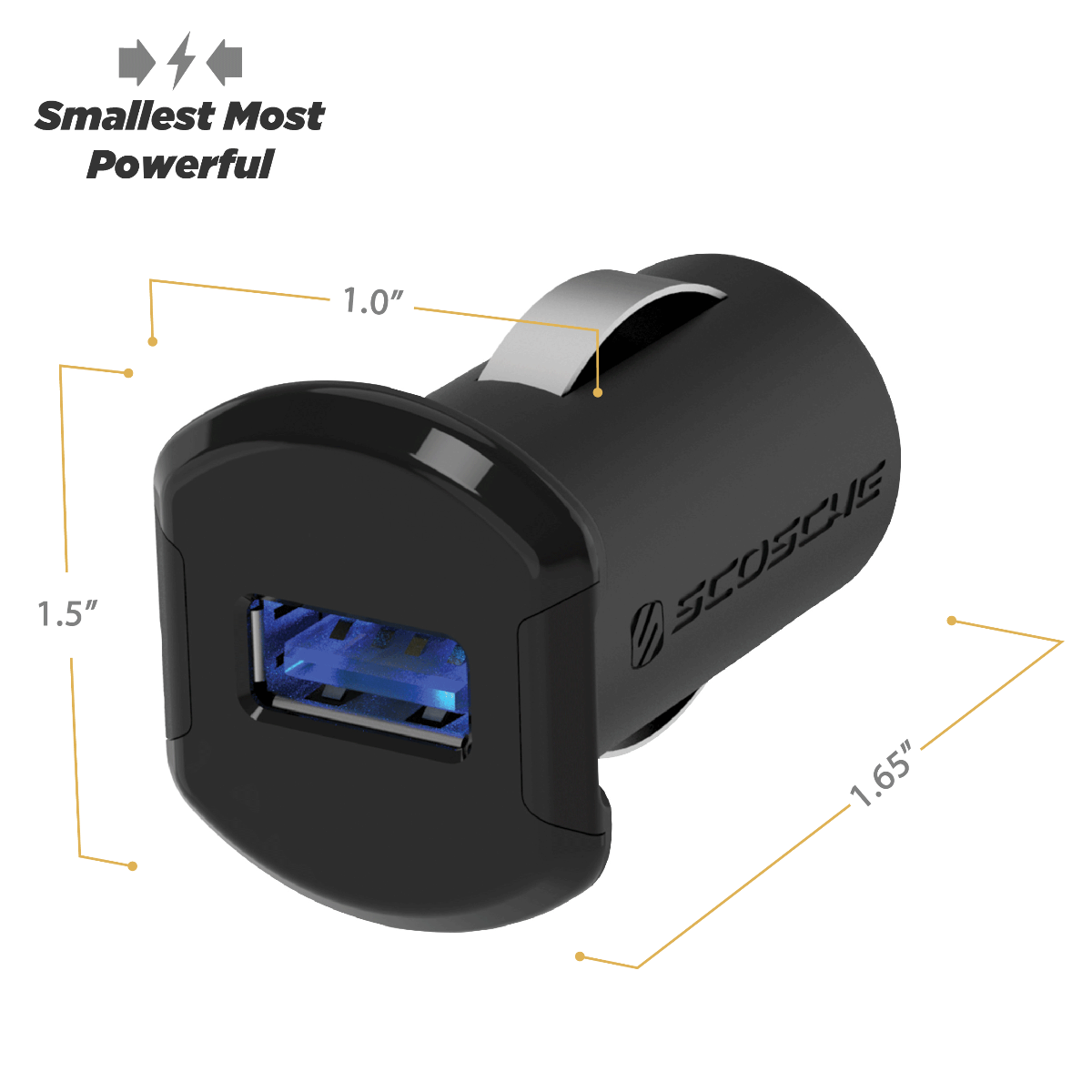 Smallest  most powerful charge. Front measures 1.0 inches wide and 1.5 inches tall; charger measures 1.65 inches deep.
